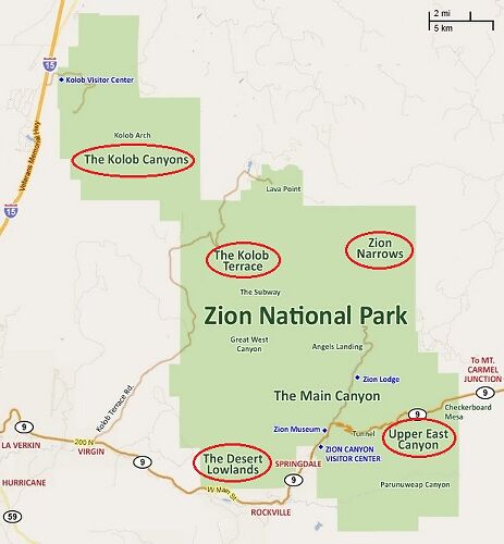 Схема парка Зайон, его части 