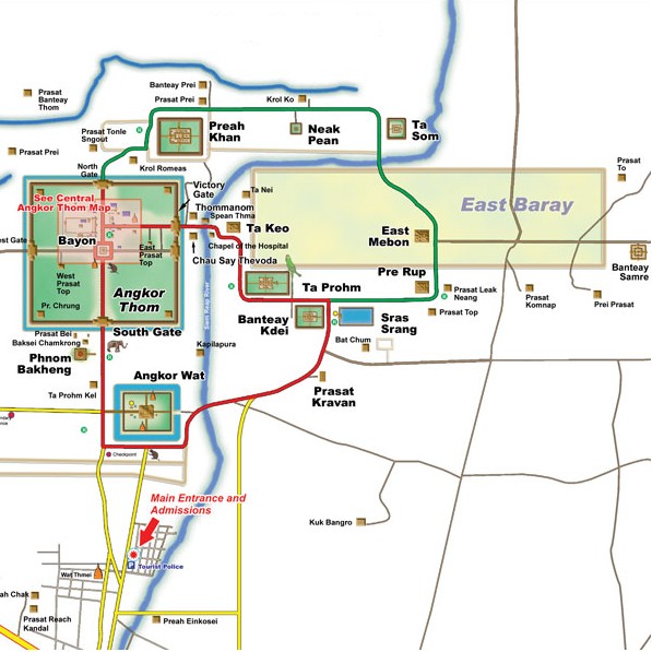 Большой и малый маршруты Ангкора (Зеленый и красный круги), Камбоджа. Большой и малый маршруты Ангкора (Зеленый и красный круги), Камбоджа.