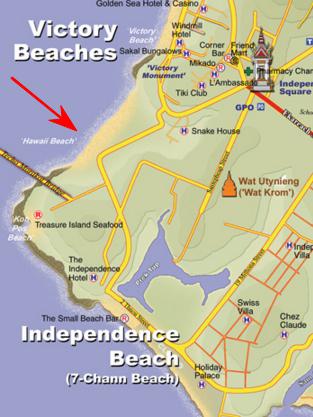 Схема расположения пляжа Гаваи, Сиануквиль, Камбоджа. Схема расположения пляжа Гаваи, Сиануквиль, Камбоджа.