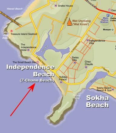 Схема расположения пляжа Независимости (Индепенденс-Бич), Сиануквиль, Камбоджа. Схема расположения пляжа Независимости (Индепенденс-Бич), Сиануквиль, Камбоджа.