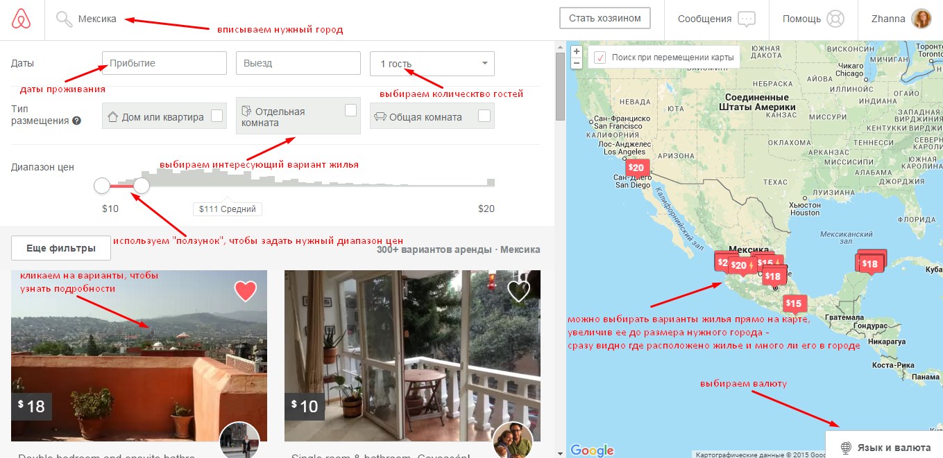 Схема-инструкция по работе сайта Airbnb