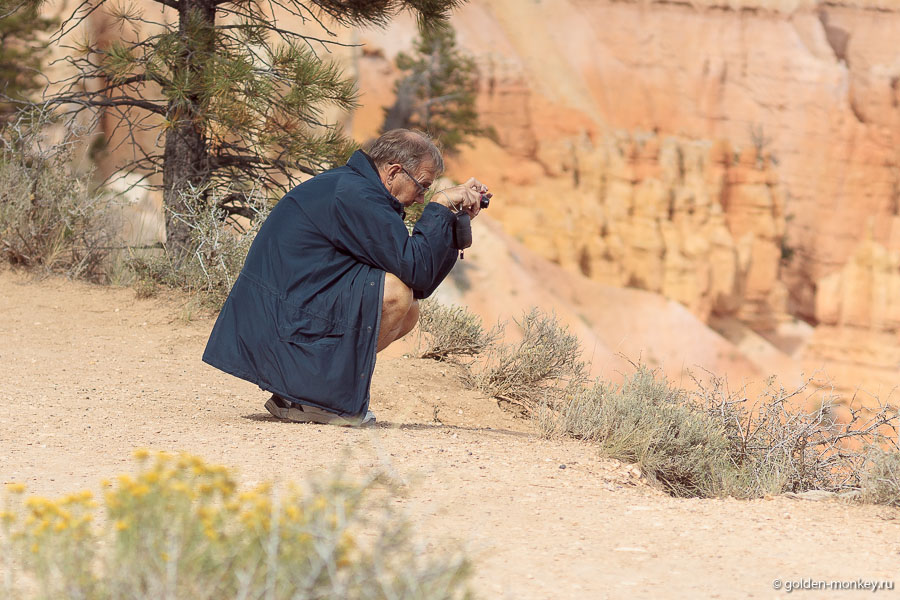 Турист с фотоаппаратом в национальном парке Брайс-Каньон Турист с фотоаппаратом в национальном парке Брайс-Каньон