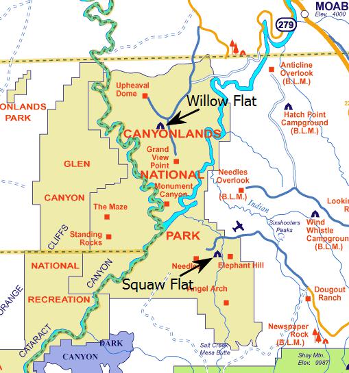 Схема с расположением организованных кемпингов в парке Каньонлендс. Схема с расположением организованных кемпингов в парке Каньонлендс.