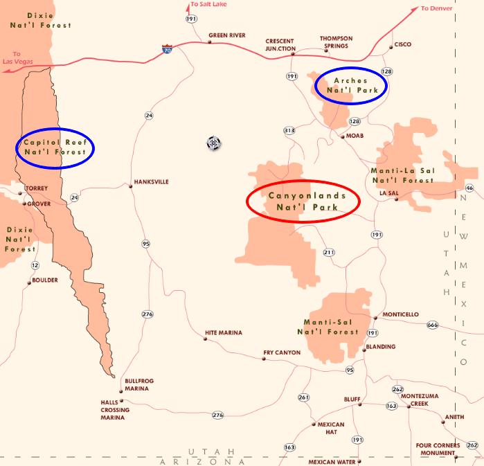 Расположение парка Каньонлендс на карте, США. Расположение парка Каньонлендс на карте, США.