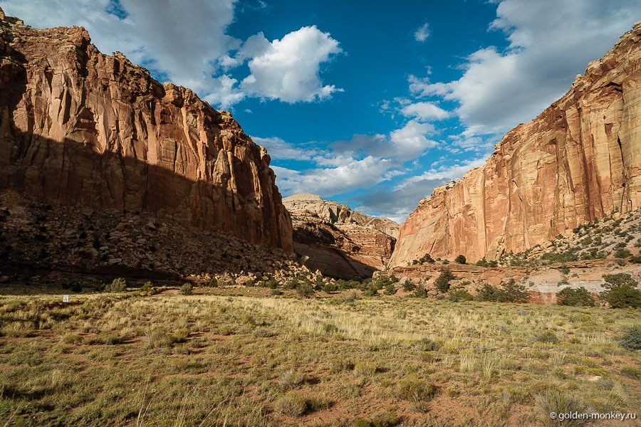 Дорога тупиковая, в конце от нее расходятся две не асфальтированные дорожки. Та, что уходит направо, называется Capitol George Road и ведет к Golden Throne Trail и Capitol George Trail, пешеходным маршрутам, который мы пропусти, а та, что налево – уводит из национального парка Капитол-Риф в другие интересные места. Дорога тупиковая, в конце от нее расходятся две не асфальтированные дорожки. Та, что уходит направо, называется Capitol George Road и ведет к Golden Throne Trail и Capitol George Trail, пешеходным маршрутам, который мы пропусти, а та, что налево – уводит из национального парка Капитол-Риф в другие интересные места.