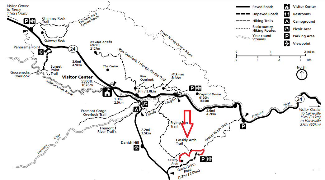 Cassidy Arch Trail на карте, парк Капитол-Риф, США. Cassidy Arch Trail на карте, парк Капитол-Риф, США.