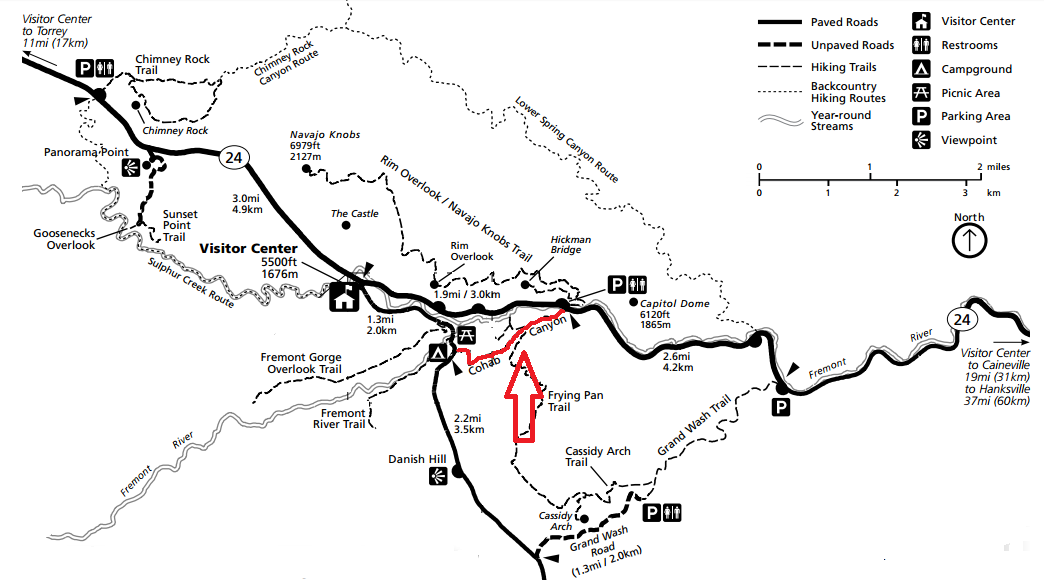 Cohab Canyon Trail на карте, парк Капитол-Риф, США. Cohab Canyon Trail на карте, парк Капитол-Риф, США.