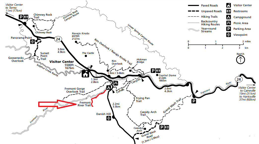 Трейл Fremont River на карте, национальный парк Капитол-Риф. Трейл Fremont River на карте, национальный парк Капитол-Риф.