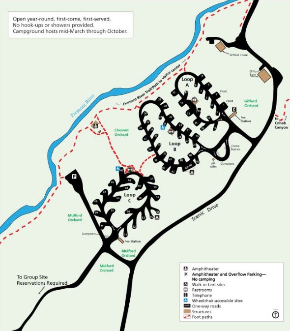 Схема Fruita Campground, национальный парк Капитол-Риф, США. Схема Fruita Campground, национальный парк Капитол-Риф, США.