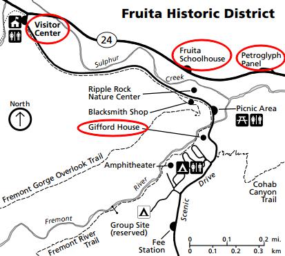 Схема и достопримечательности исторического района Фрута, парк Капитол-Риф. Схема и достопримечательности исторического района Фрута, парк Капитол-Риф.