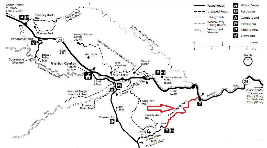 Grand Wash Trail на карте, парк Капитол-Риф, США. Grand Wash Trail на карте, парк Капитол-Риф, США.