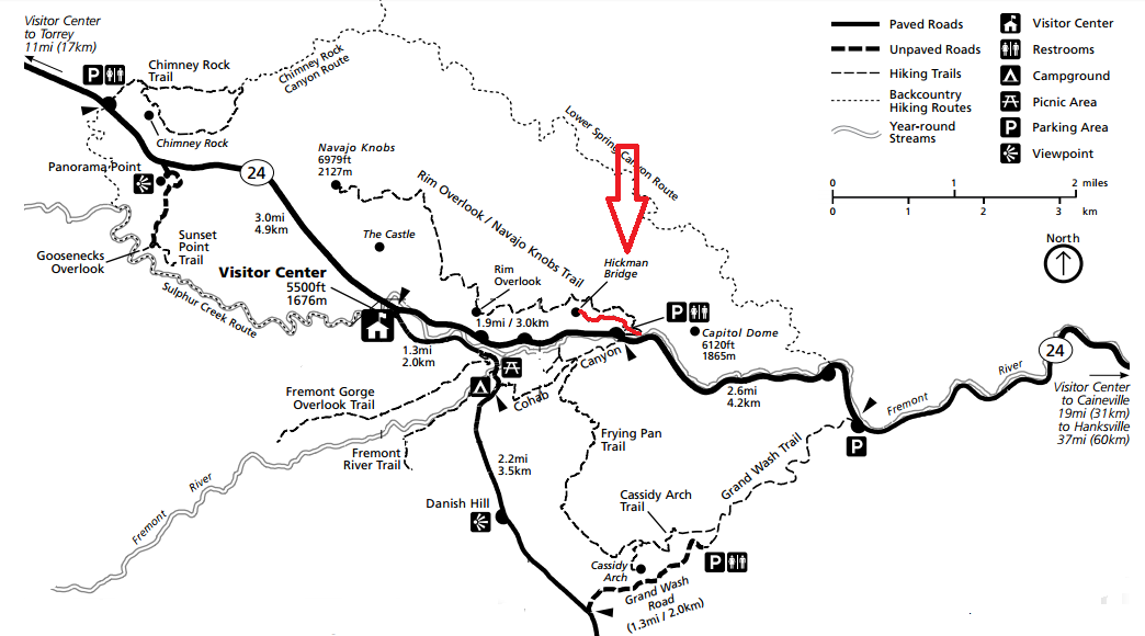 Hickman Bridge Trail на карте, парк Капитол-Риф, США. Hickman Bridge Trail на карте, парк Капитол-Риф, США.