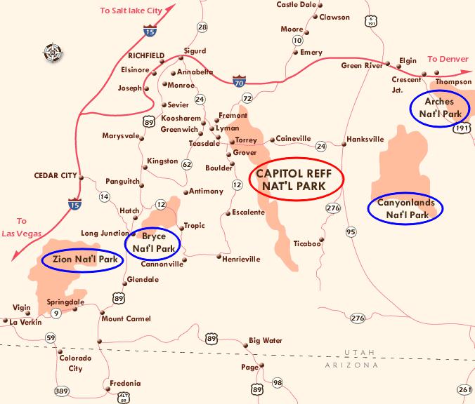 Расположение парка Капитол-Риф на карте, США. Расположение парка Капитол-Риф на карте, США.