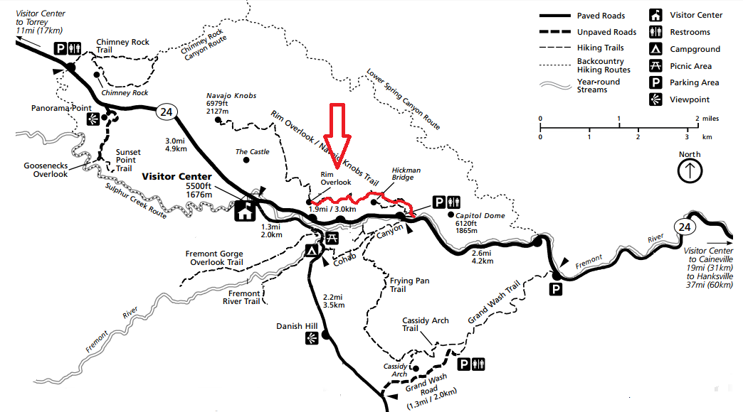 Rim Overlook Trail на карте, парк Капитол-Риф, США. Rim Overlook Trail на карте, парк Капитол-Риф, США.