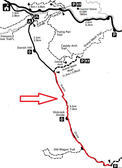 Scenic Drive на карте, парк Капитол-Риф. Scenic Drive на карте, парк Капитол-Риф.