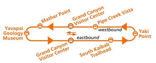 Оранжевый маршрут Kaibab/Rim - Scenic Route, 50 минут в пути туда-обратно. Оранжевый маршрут Kaibab/Rim - Scenic Route, 50 минут в пути туда-обратно.