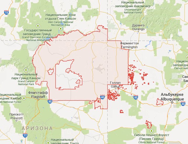 Резервация индейцев навахо на карте США Резервация индейцев навахо на карте США