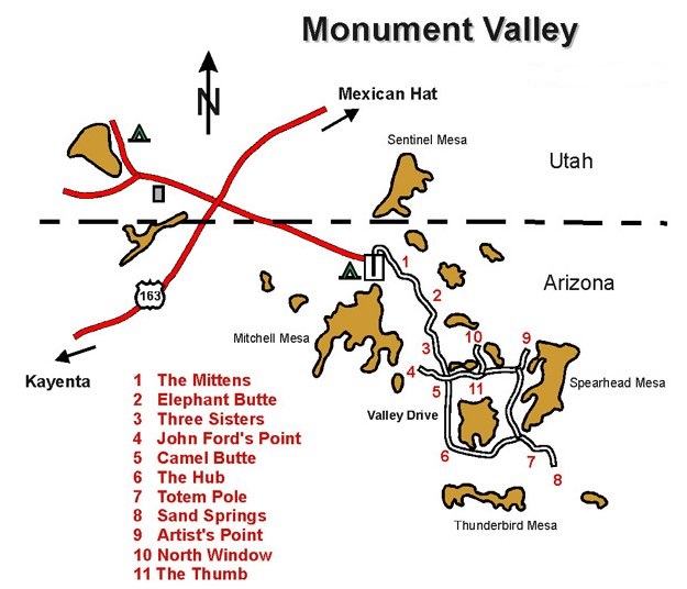 Схема Scenic Drive в Долине Монументов