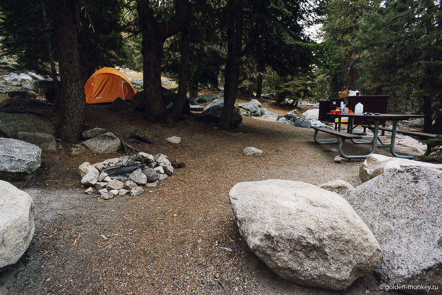 Место в кемпинге Lodgepole Campgroung в национальном парке Секвойя. Уютно, обособленно, среди камней и деревьев.