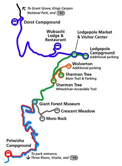 Схема движения (остановок) бесплатного шаттл-баса в парке Секвойя. Схема движения (остановок) бесплатного шаттл-баса в парке Секвойя.
