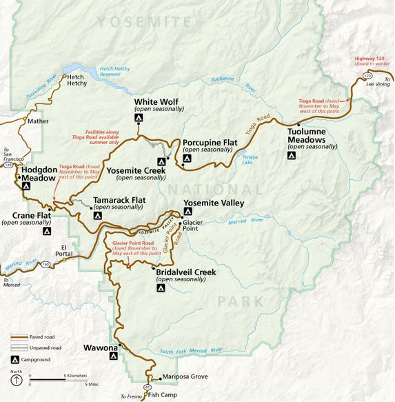 Карта с кемпингами в Йосемити