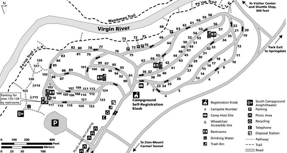 Схема кемпинга South Campground, национальный парк Зайон Схема кемпинга South Campground, национальный парк Зайон