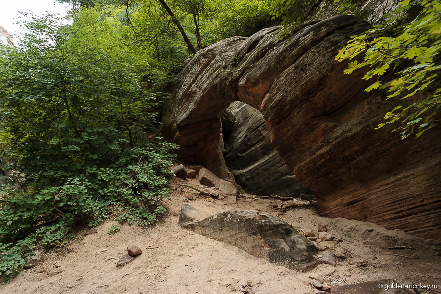 Арка, дойдя до которой мы решили не продолжать путь. Очень уж не хотелось соваться в маячащие впереди дебри, не сулящие ничего впечатляющего. Арка, дойдя до которой мы решили не продолжать путь. Очень уж не хотелось соваться в маячащие впереди дебри, не сулящие ничего впечатляющего.