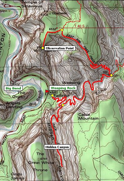 Схема расположения трейла Observation Point, национальный парк Зайон Схема расположения трейла Observation Point, национальный парк Зайон