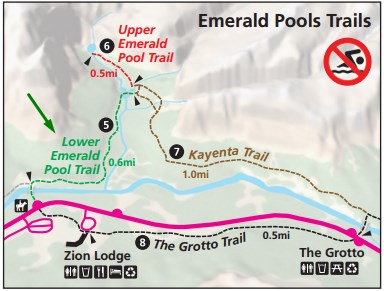Схема расположения трейла Lower Emerald Pool, национальный парк Зайон Схема расположения трейла Lower Emerald Pool, национальный парк Зайон