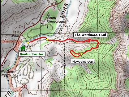 Трейл Watchman Trail на карте, национальный парк Зайон Трейл Watchman Trail на карте, национальный парк Зайон