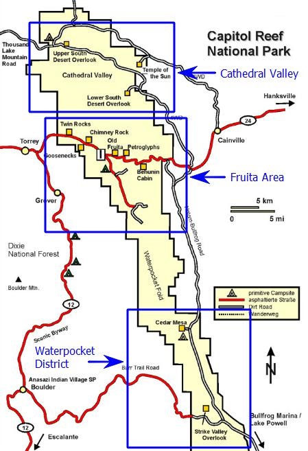 Схема национального парка Капитол-Риф, разбивка на районы, США.
