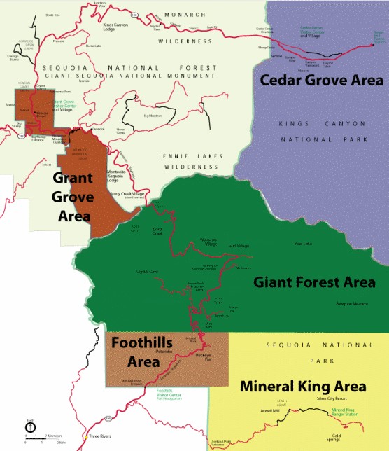 Схема районов национальных парков Секвой и Кингз-Каньон.