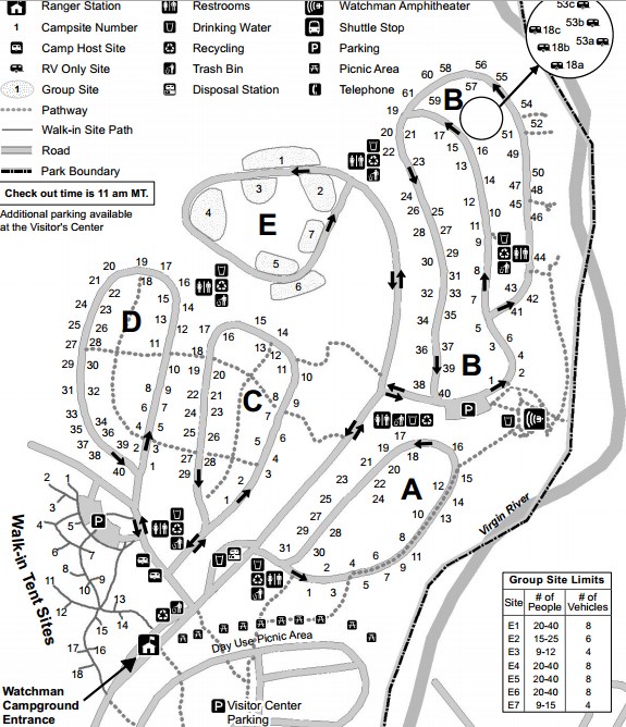 Схема кемпинга Watchman Campground, национальный парк Зайон